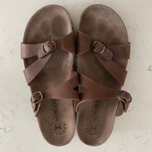 Mephisto Hannel Leather Slide Sandals w Buckled Straps Cork Midsole Brown Sz 41